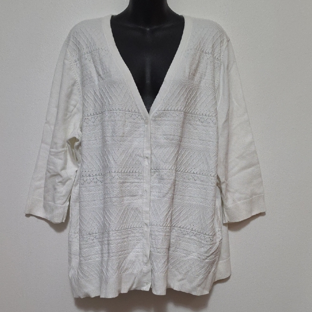 CJ Banks Cream Knit Button Cardigan